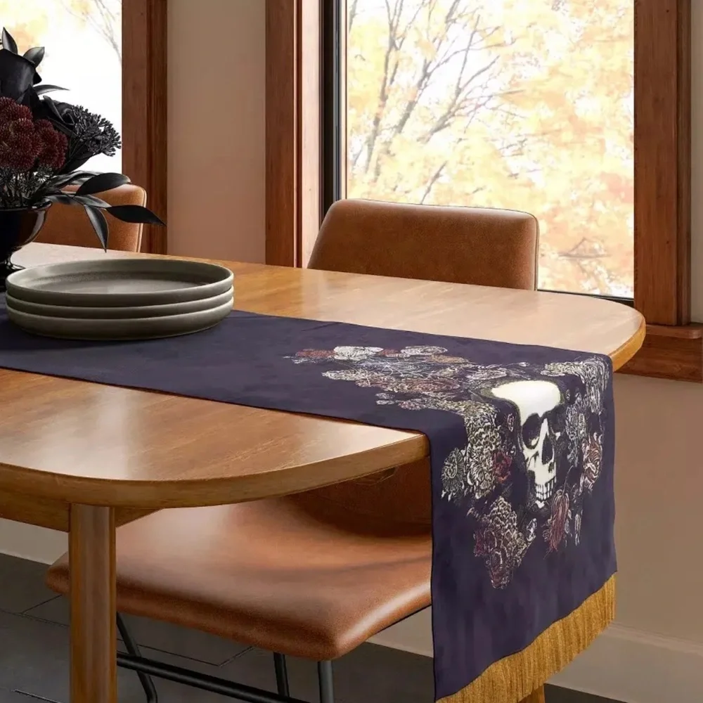 2 Velvet black skull and floral table runner with gold tassels by Threshold NWT